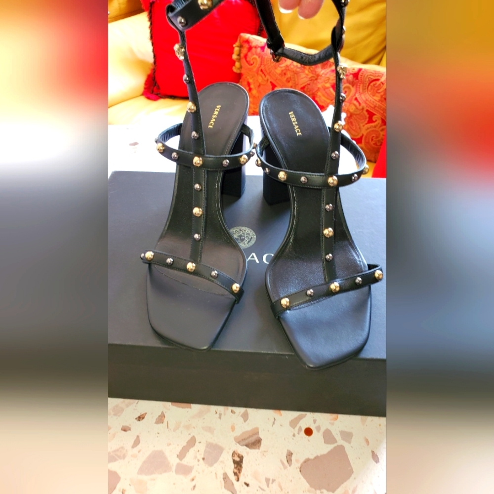 Versace MultiGalvanica Medusa Black/Gold Medallion Block Heel Leather Sandals